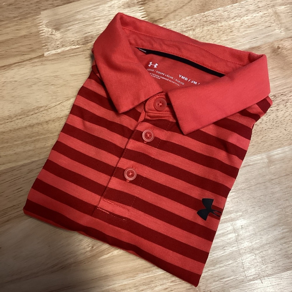 Boys Under Armour Short Sleeve Performance Striped Golf Polo- Youth Medium - Red